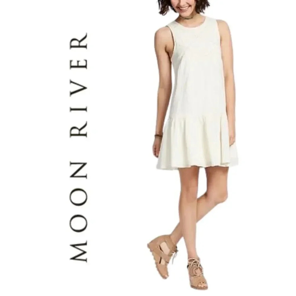 Moon River, Sleeveless Boho Ruffle‎ Hem Cotton Dress, Ivory, White